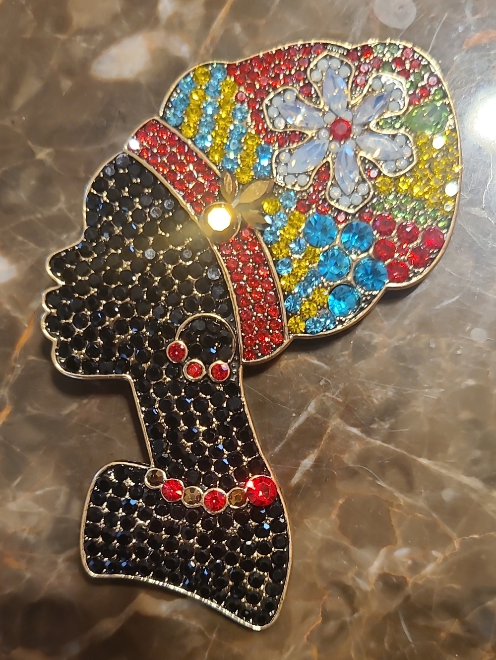 Colorful Beaded Headwrap Profile Brooch — Multicolor Accent